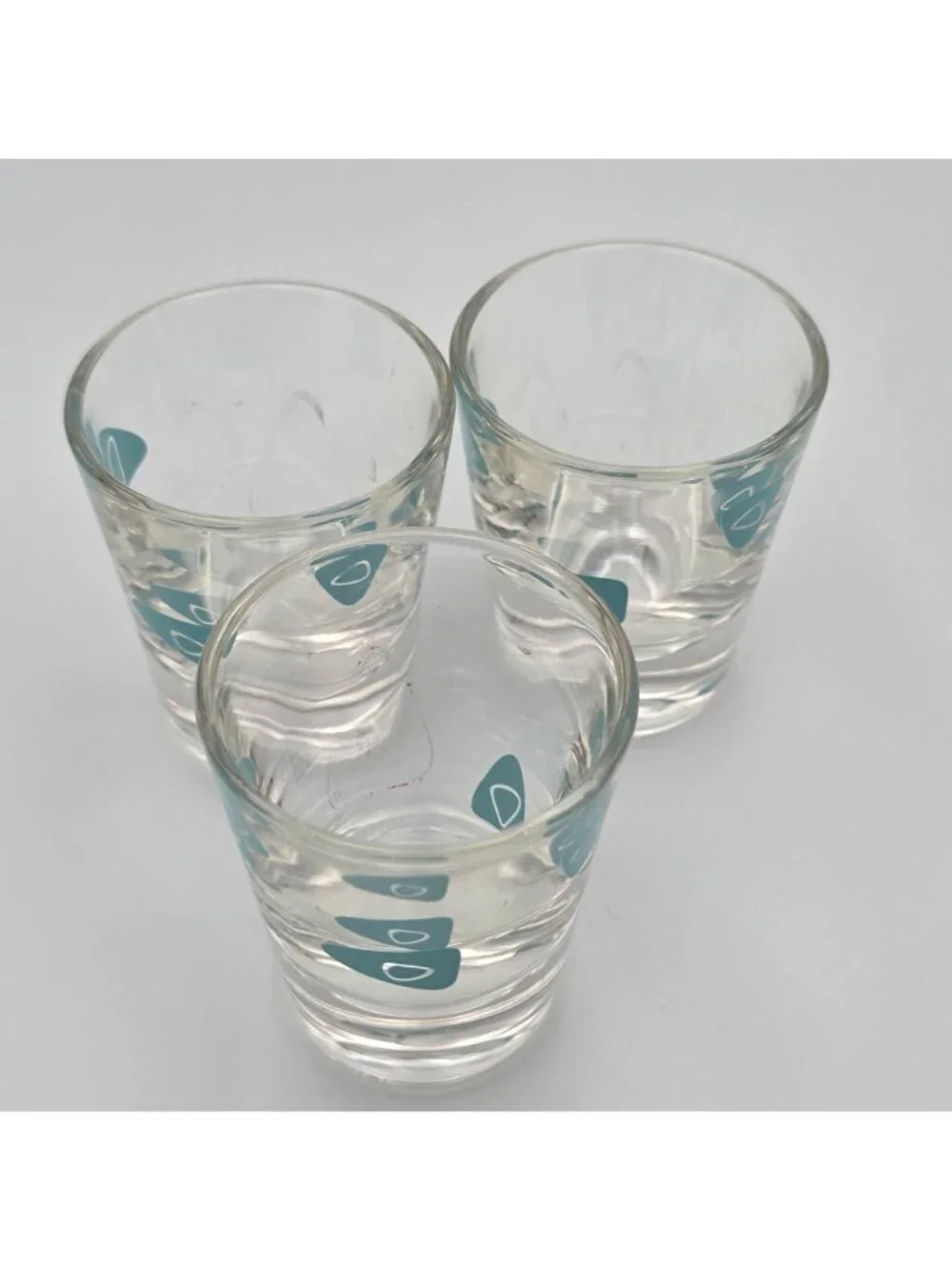 Set Of 3 MCM Clear Shot Glasses With Teal Mid-Century Modern Pattern Design